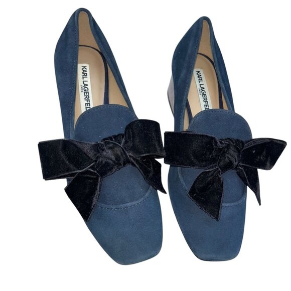 karl lagerfeld blue suede shoes black velvet bows silver mirrored heels … - Picture 2 of 6